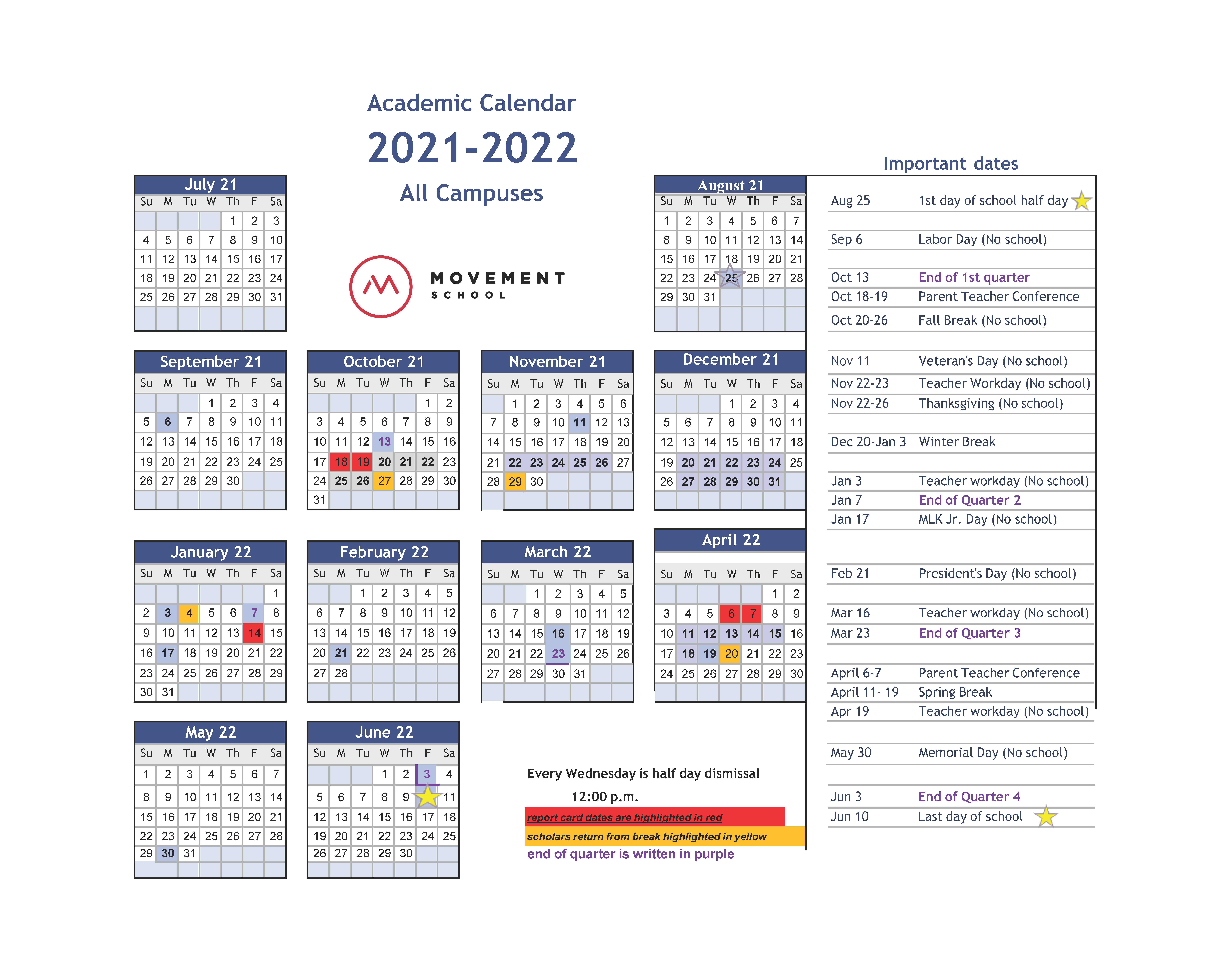 Movement 2022 Schedule Calendar 2021/2022 | Movement School